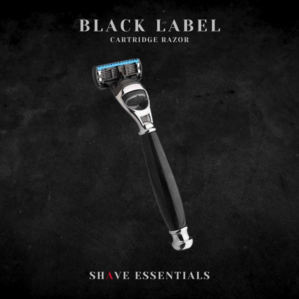 Black Label Cartridge Razor with polished chrome and black high gloss resin handle, showcasing luxury and ergonomic design.