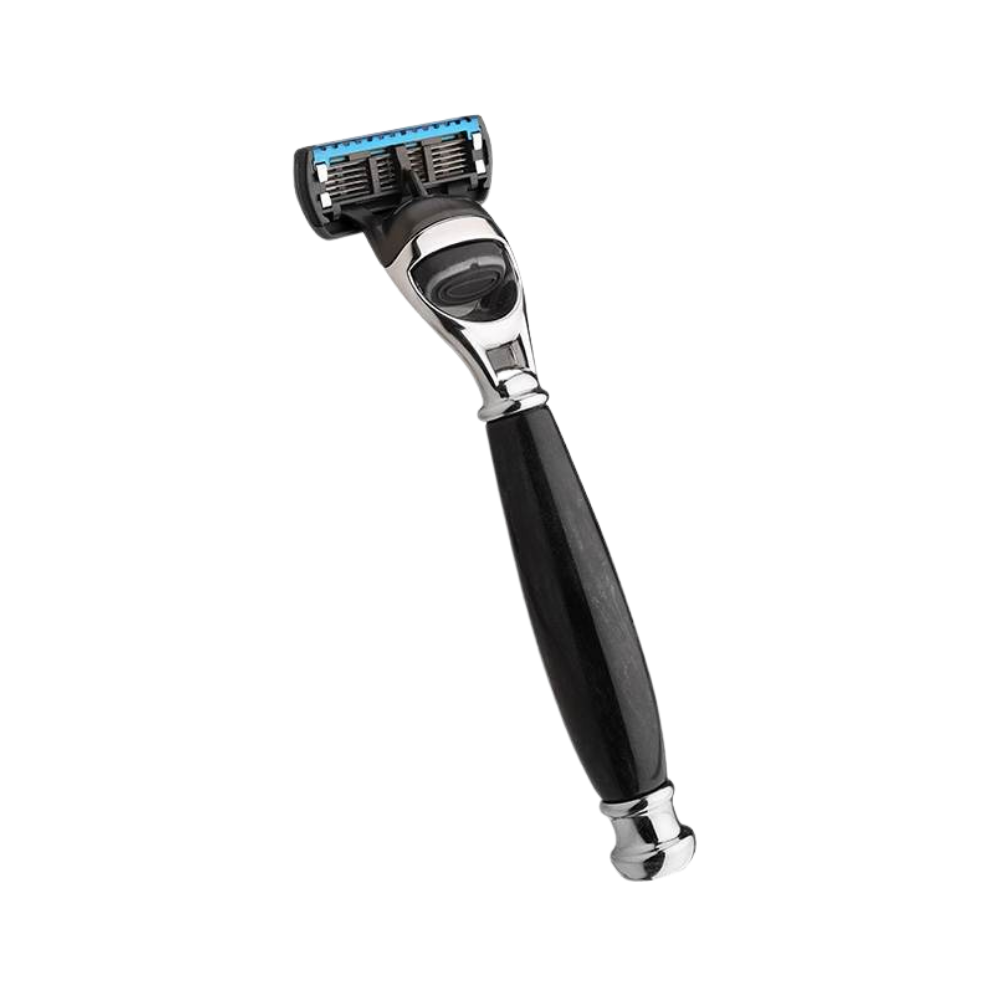 Black Label Cartridge Razor with polished chrome and black high gloss resin handle, showcasing luxury and ergonomic design.