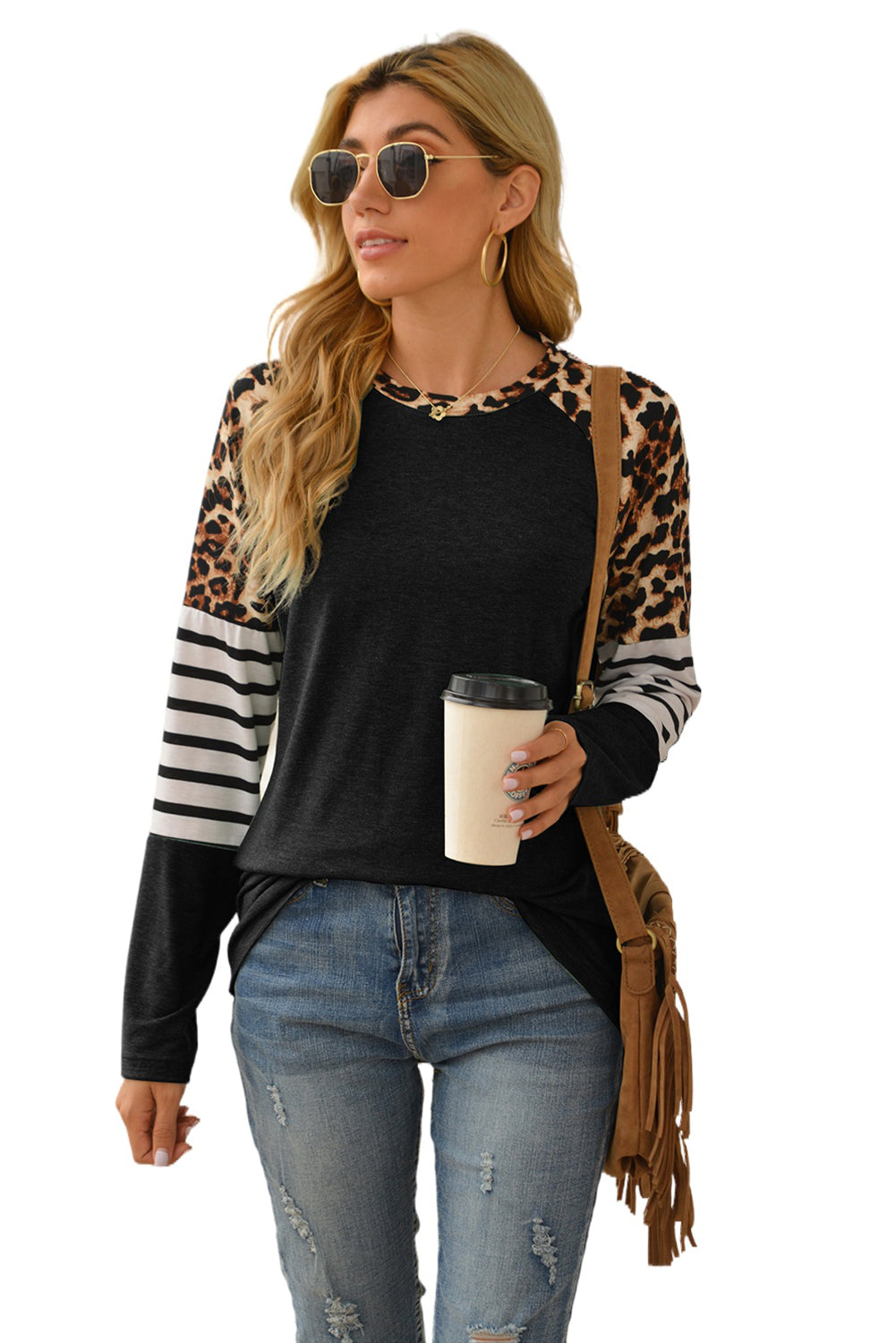 Black Leopard Striped Long Sleeve Top featuring a stylish mix of leopard print and striped patterns, perfect for casual wear.