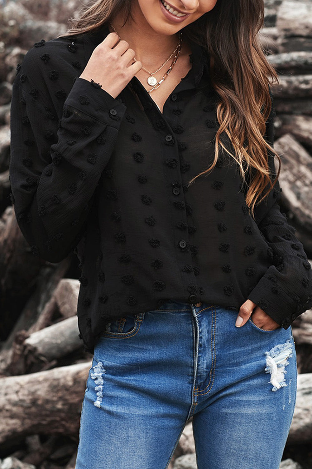 Black long sleeve shirt with fuzzy polka dot pattern, featuring button closure and relaxed fit, perfect for casual or formal wear.