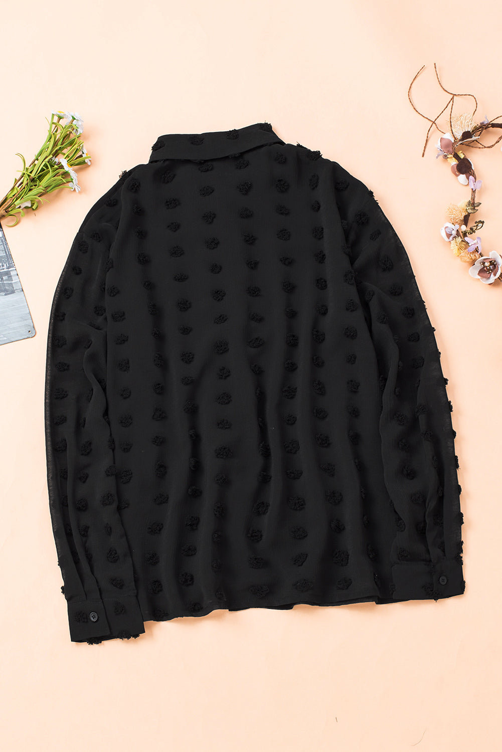 Black long sleeve shirt with fuzzy polka dot pattern, featuring button closure and relaxed fit, perfect for casual or formal wear.