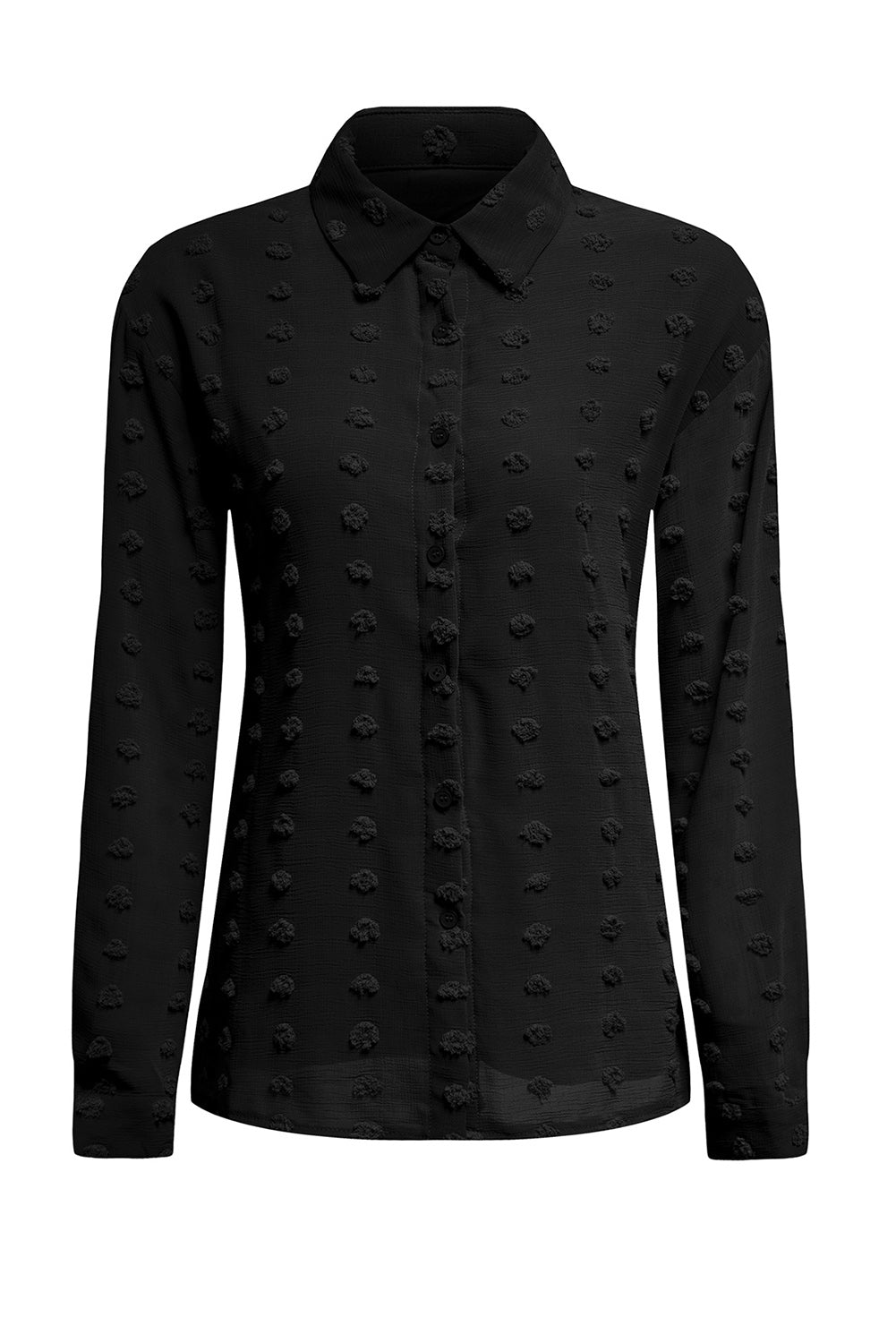 Black long sleeve shirt with fuzzy polka dot pattern, featuring button closure and relaxed fit, perfect for casual or formal wear.