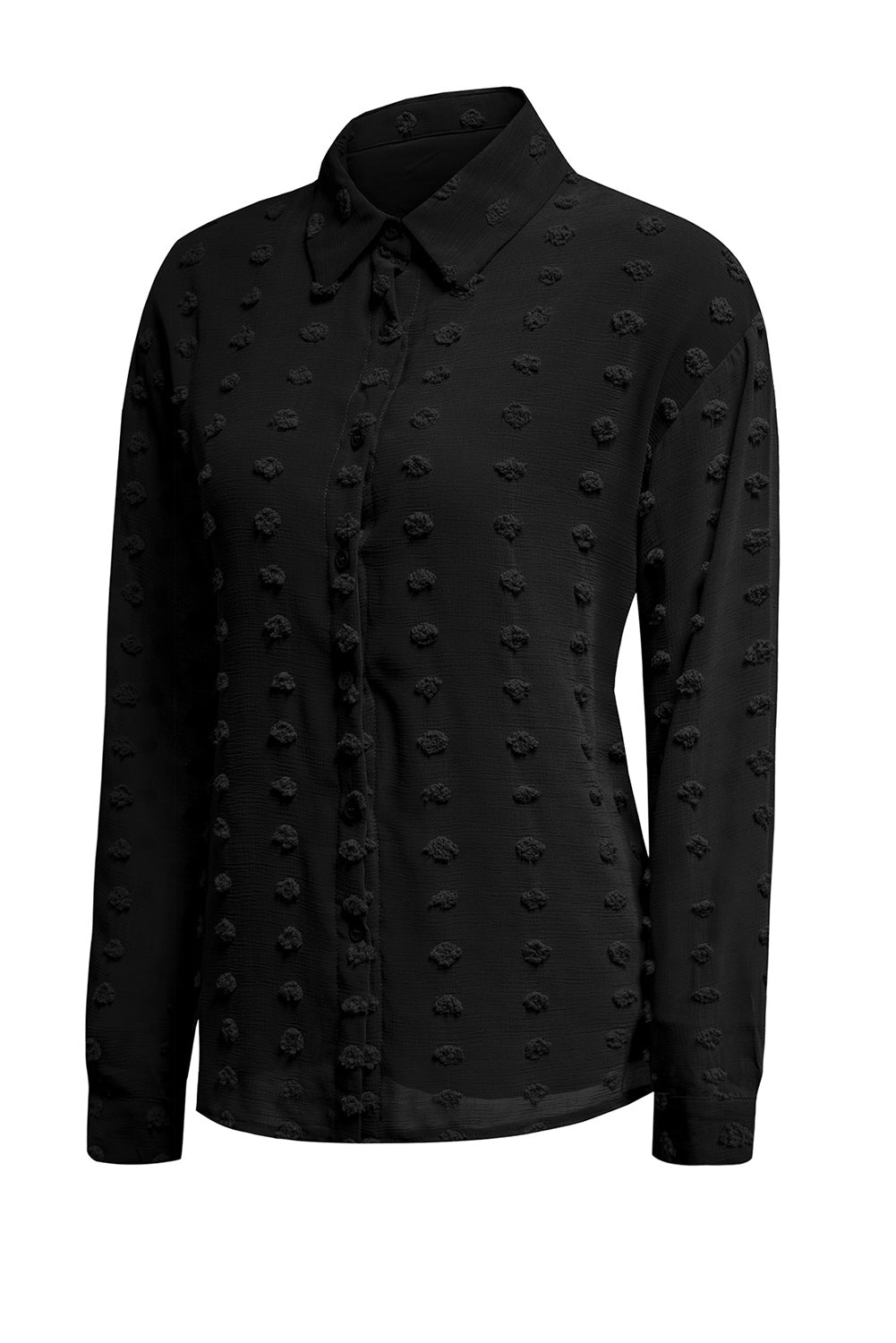 Black long sleeve shirt with fuzzy polka dot pattern, featuring button closure and relaxed fit, perfect for casual or formal wear.