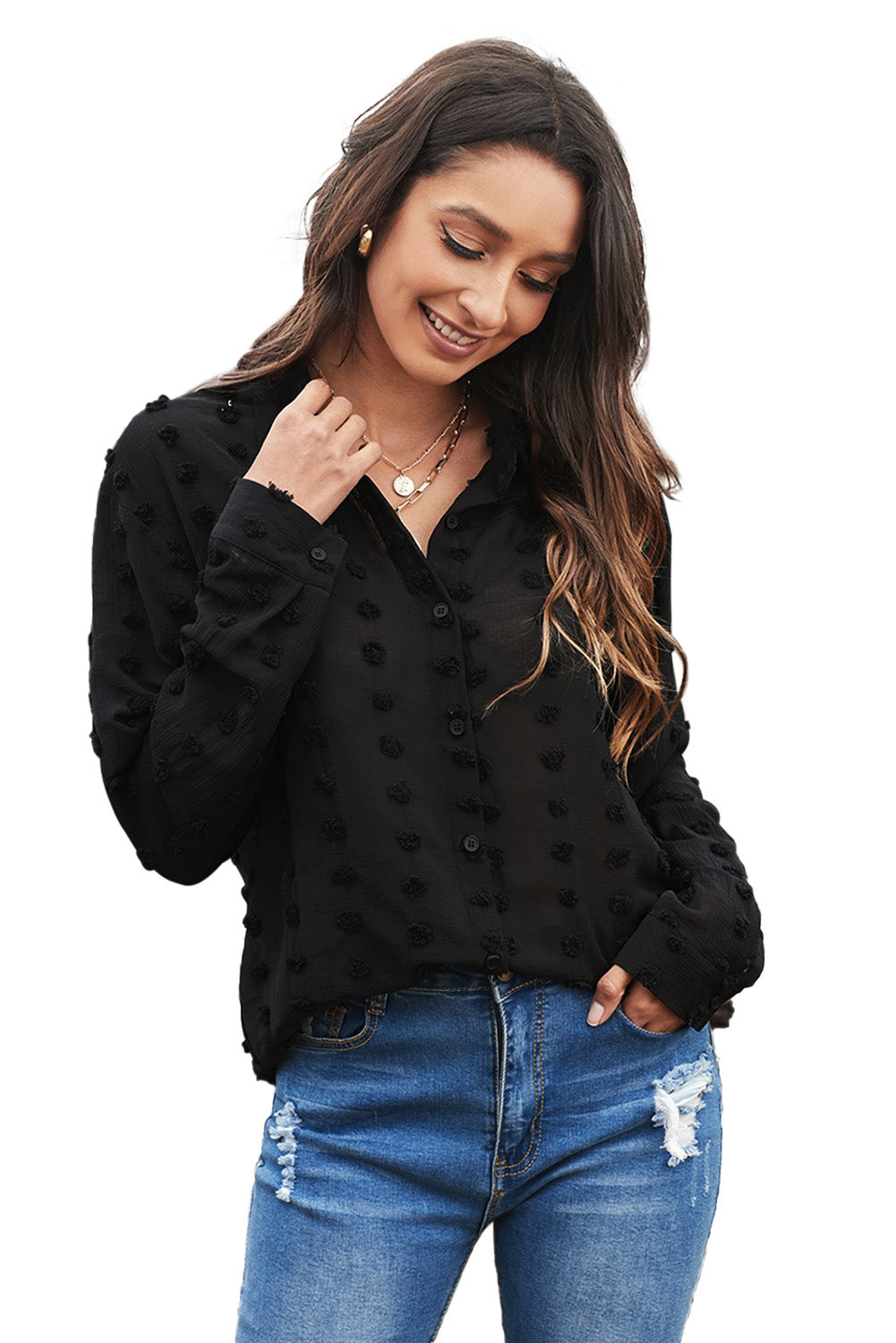 Black long sleeve shirt with fuzzy polka dot pattern, featuring button closure and relaxed fit, perfect for casual or formal wear.