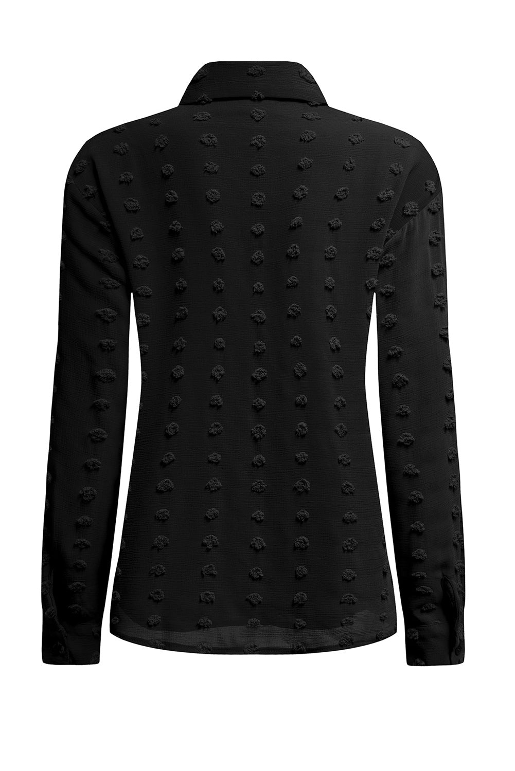 Black long sleeve shirt with fuzzy polka dot pattern, featuring button closure and relaxed fit, perfect for casual or formal wear.