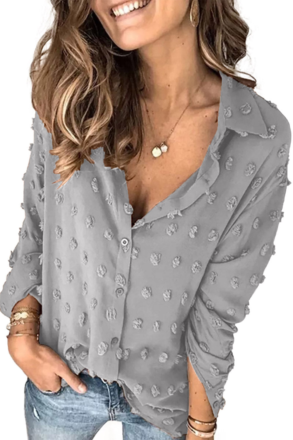 Black long sleeve shirt with fuzzy polka dot pattern, featuring button closure and relaxed fit, perfect for casual or formal wear.