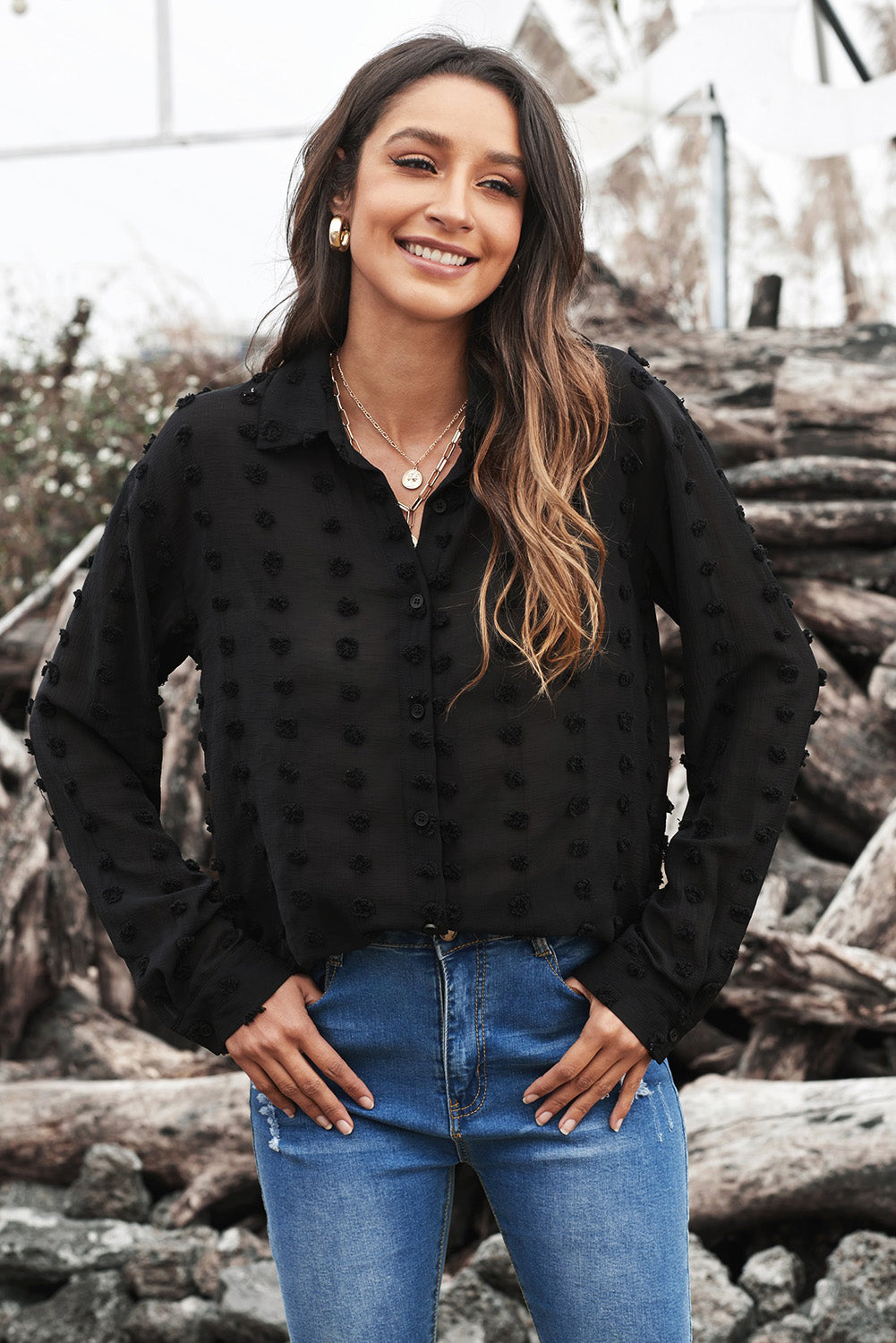 Black long sleeve shirt with fuzzy polka dot pattern, featuring button closure and relaxed fit, perfect for casual or formal wear.