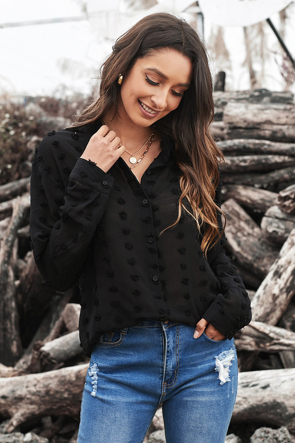 Black long sleeve shirt with fuzzy polka dot pattern, featuring button closure and relaxed fit, perfect for casual or formal wear.