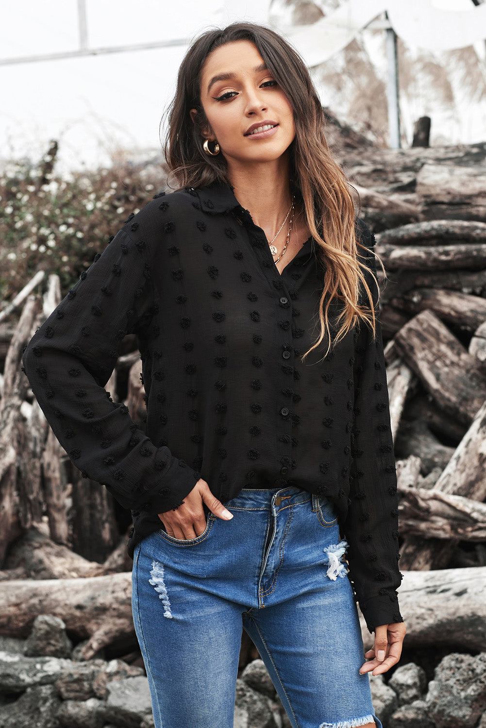 Black long sleeve shirt with fuzzy polka dot pattern, featuring button closure and relaxed fit, perfect for casual or formal wear.