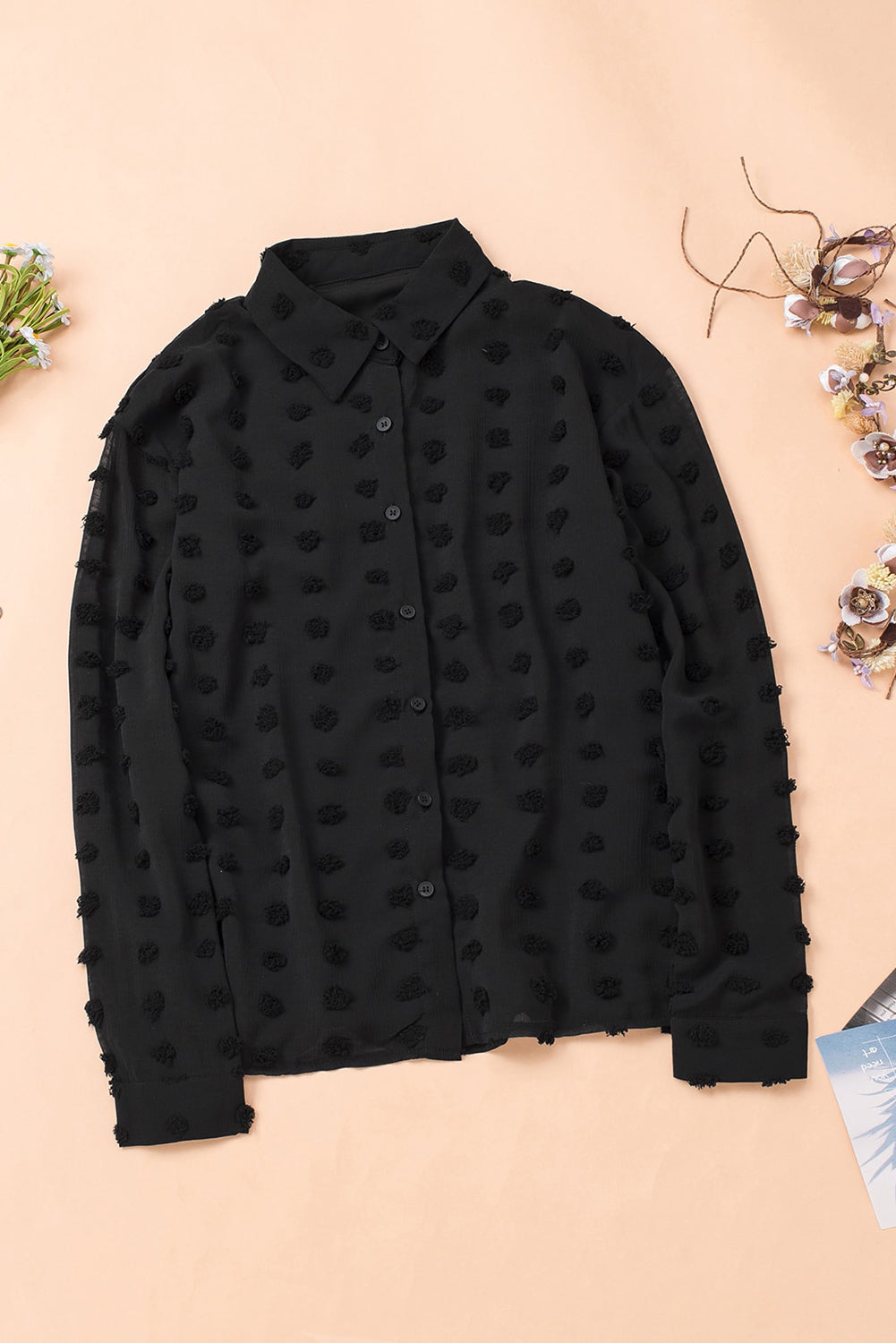 Black long sleeve shirt with fuzzy polka dot pattern, featuring button closure and relaxed fit, perfect for casual or formal wear.