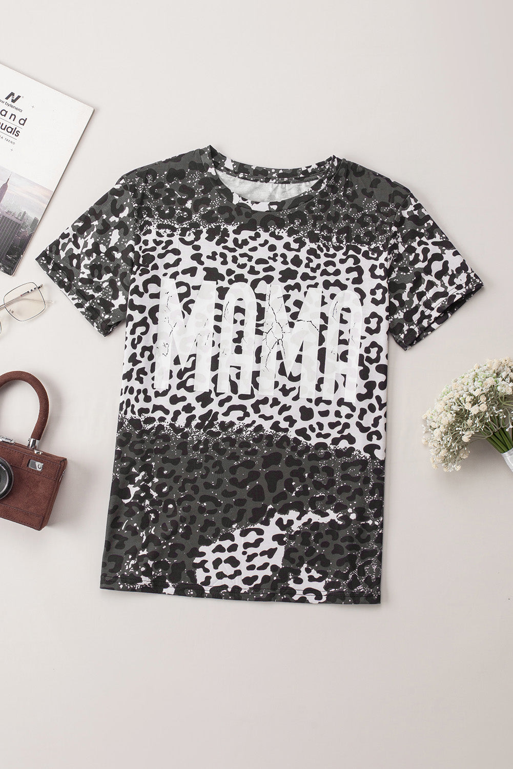 Black MAMA Leopard Print Short Sleeve Casual Graphic Tee featuring a stylish round neck and short sleeves, perfect for casual wear.