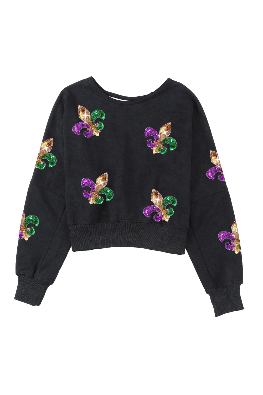 Black sweatshirt featuring a sequin Fleur De Lis design and an open back, perfect for Mardi Gras celebrations.