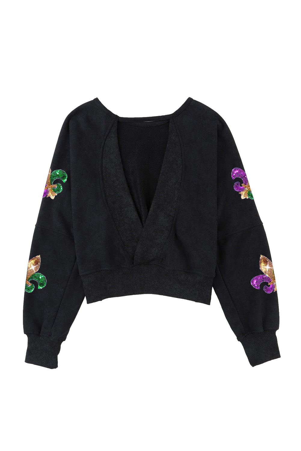 Black sweatshirt featuring a sequin Fleur De Lis design and an open back, perfect for Mardi Gras celebrations.