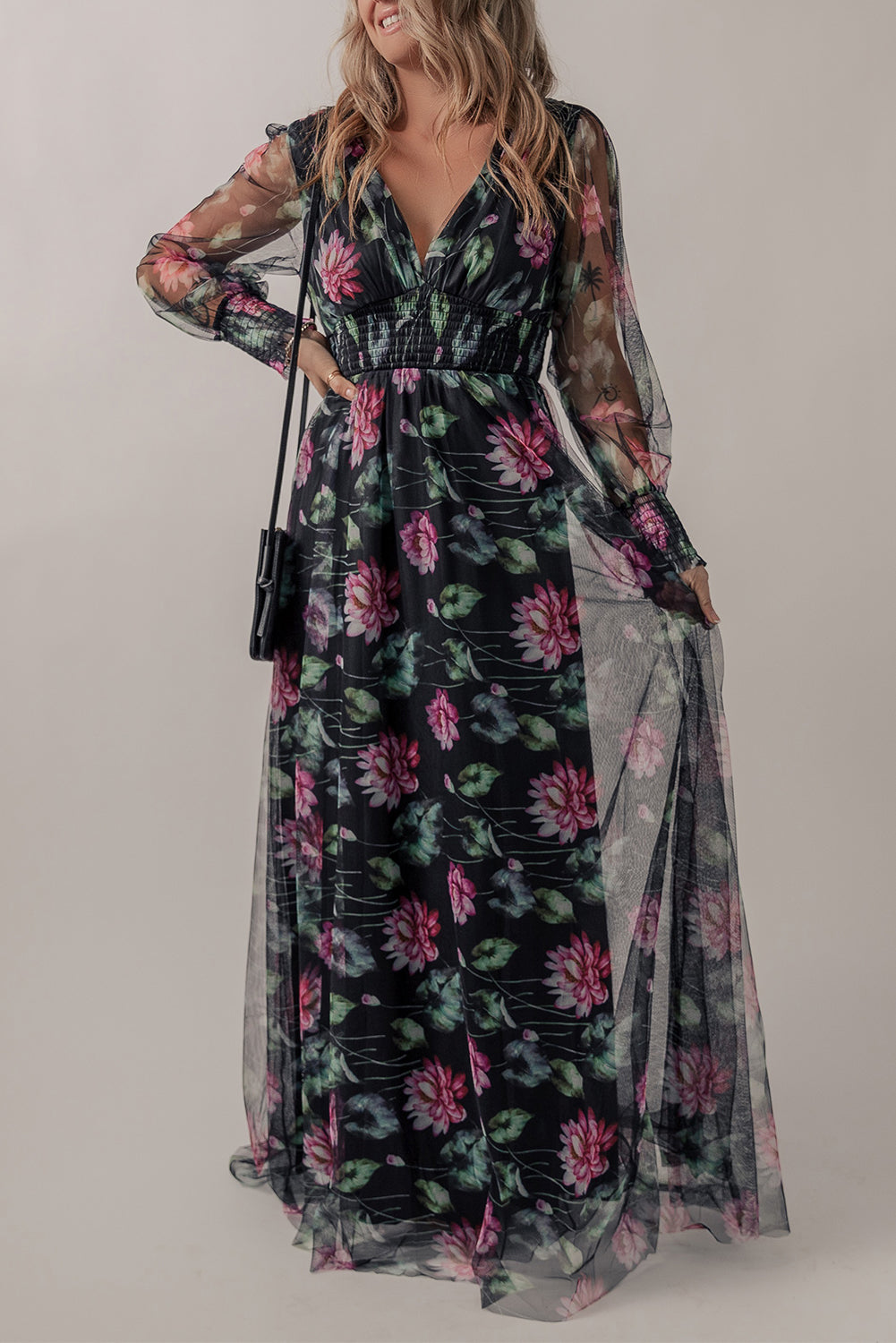 A stylish Black Mesh Sheer Shirred High Waist Floral Maxi Dress featuring a V-neckline and elegant floral patterns, perfect for various occasions.