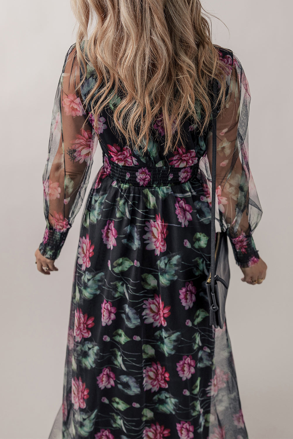 A stylish Black Mesh Sheer Shirred High Waist Floral Maxi Dress featuring a V-neckline and elegant floral patterns, perfect for various occasions.