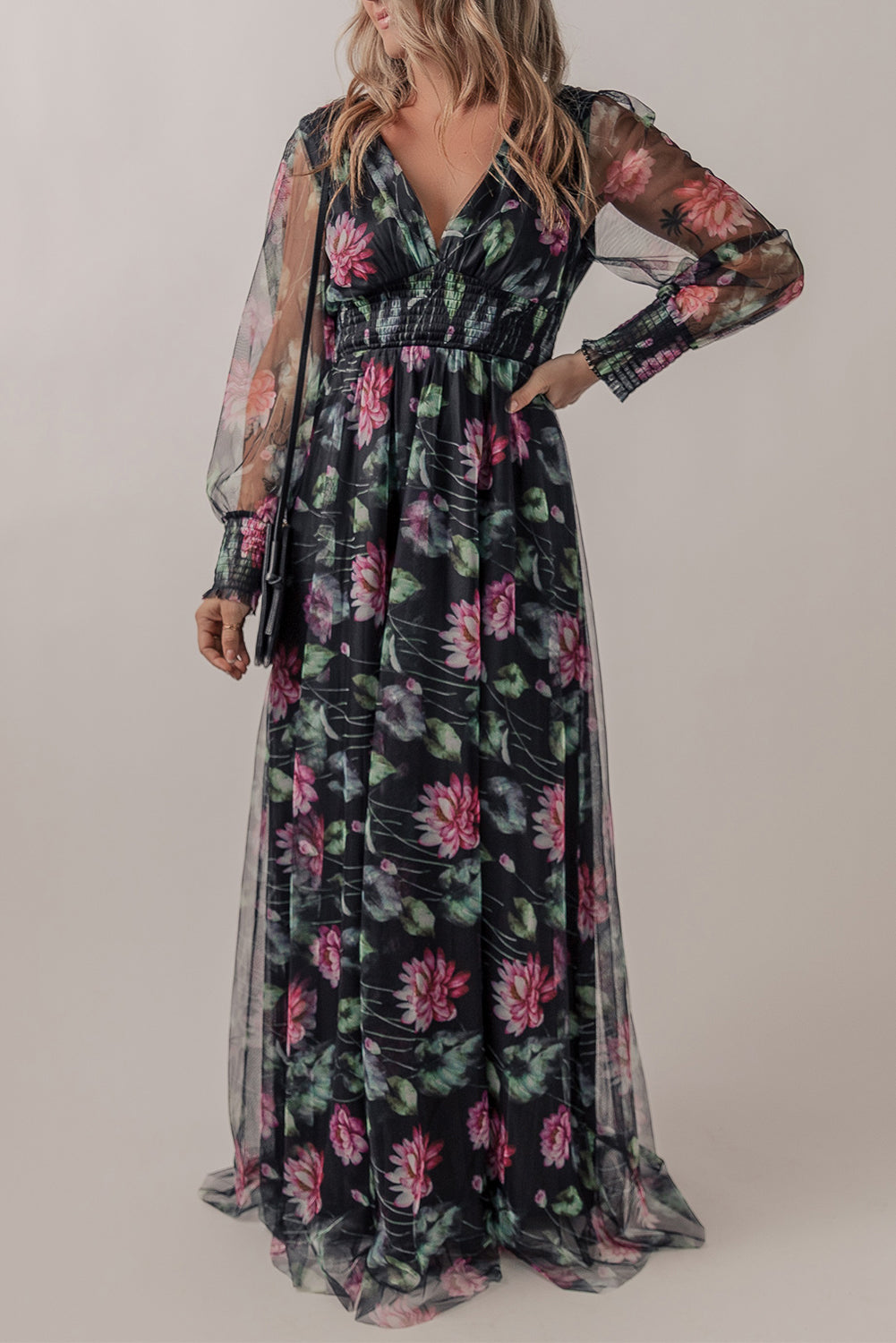 A stylish Black Mesh Sheer Shirred High Waist Floral Maxi Dress featuring a V-neckline and elegant floral patterns, perfect for various occasions.