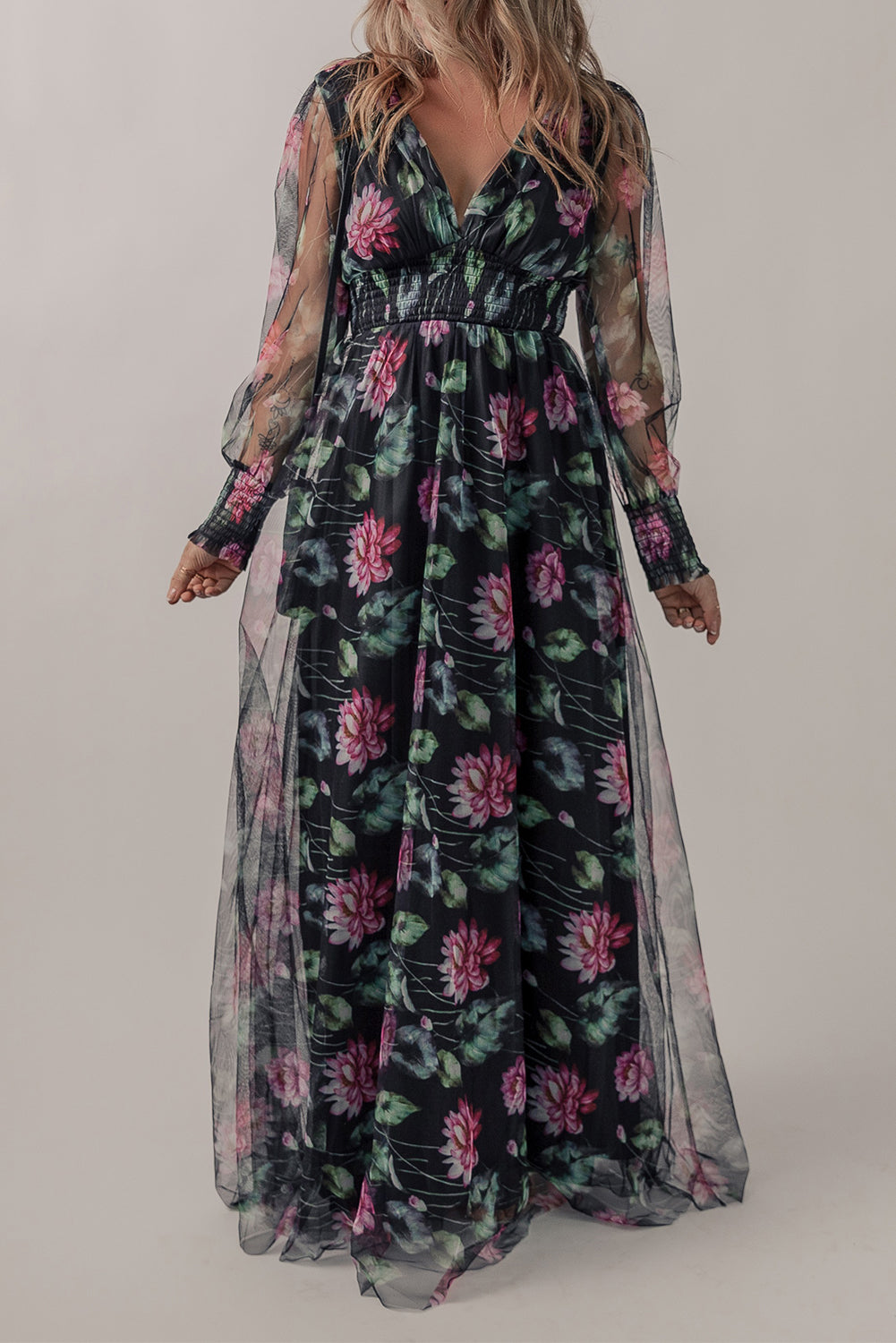 A stylish Black Mesh Sheer Shirred High Waist Floral Maxi Dress featuring a V-neckline and elegant floral patterns, perfect for various occasions.