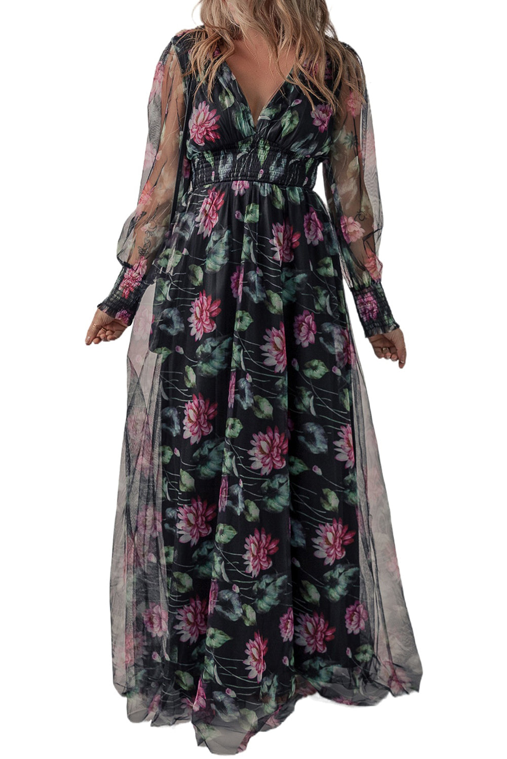 A stylish Black Mesh Sheer Shirred High Waist Floral Maxi Dress featuring a V-neckline and elegant floral patterns, perfect for various occasions.