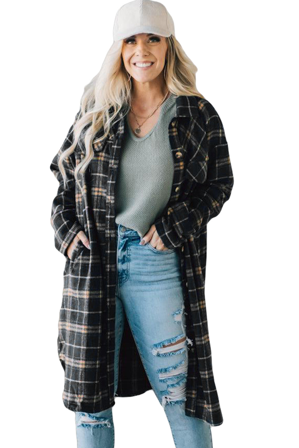 A stylish black plaid long shacket with button front and side pockets, perfect for layering and casual wear.