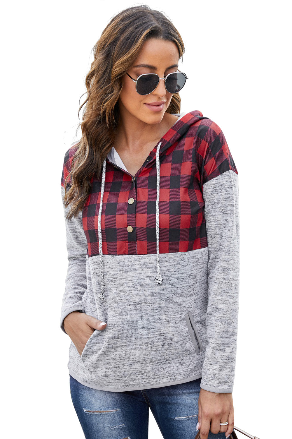 Black plaid splicing pocketed hoodie featuring a loose design and buttoned neckline, perfect for autumn wear.