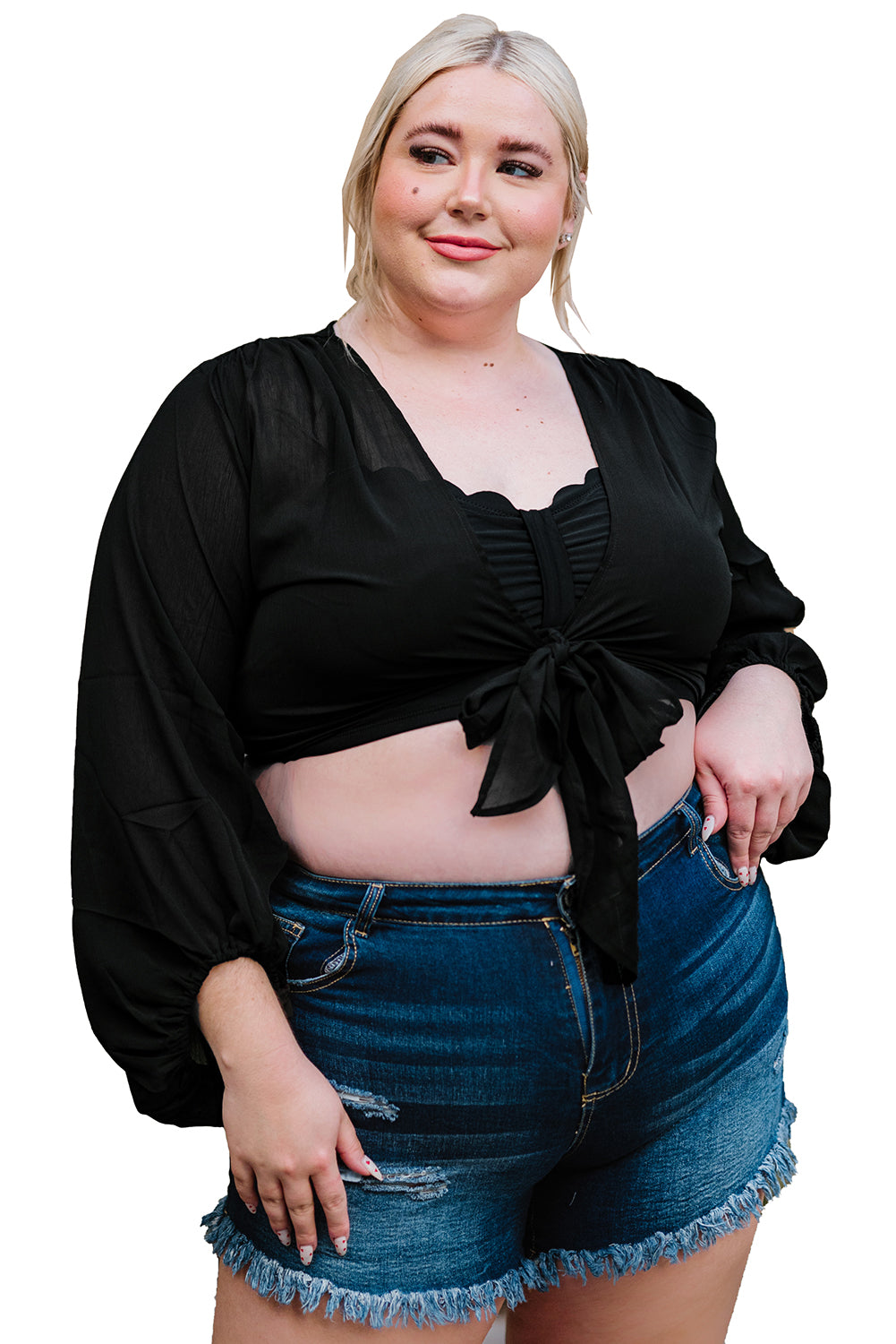 Black Plus Size Balloon Sleeve Wrap Top featuring a v-neck and tie front design, elegantly styled with balloon sleeves.