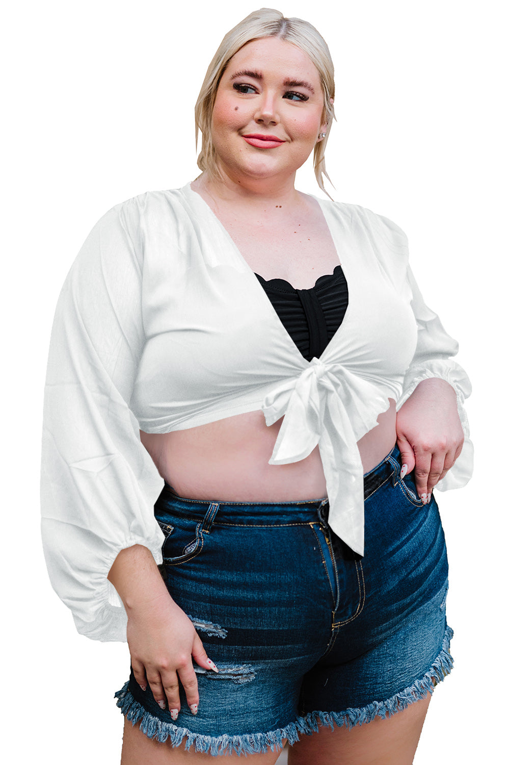 Black Plus Size Balloon Sleeve Wrap Top featuring a v-neck and tie front design, elegantly styled with balloon sleeves.