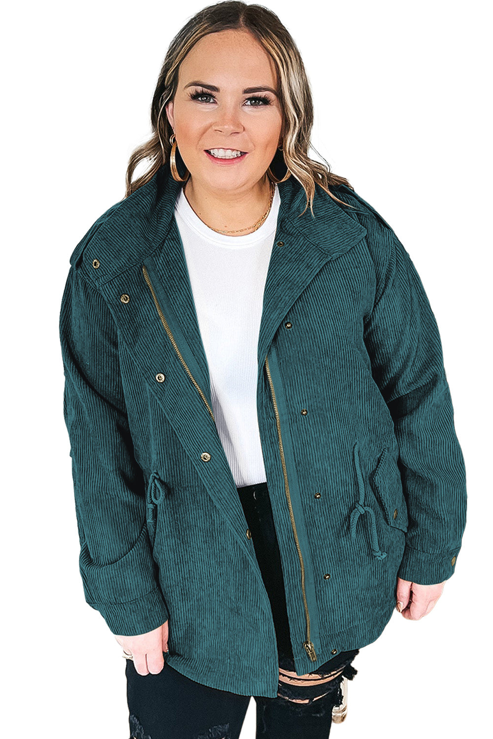 Black plus size corduroy jacket with button and zipper closures, featuring shoulder tabs and flap pockets, designed for curvy women.