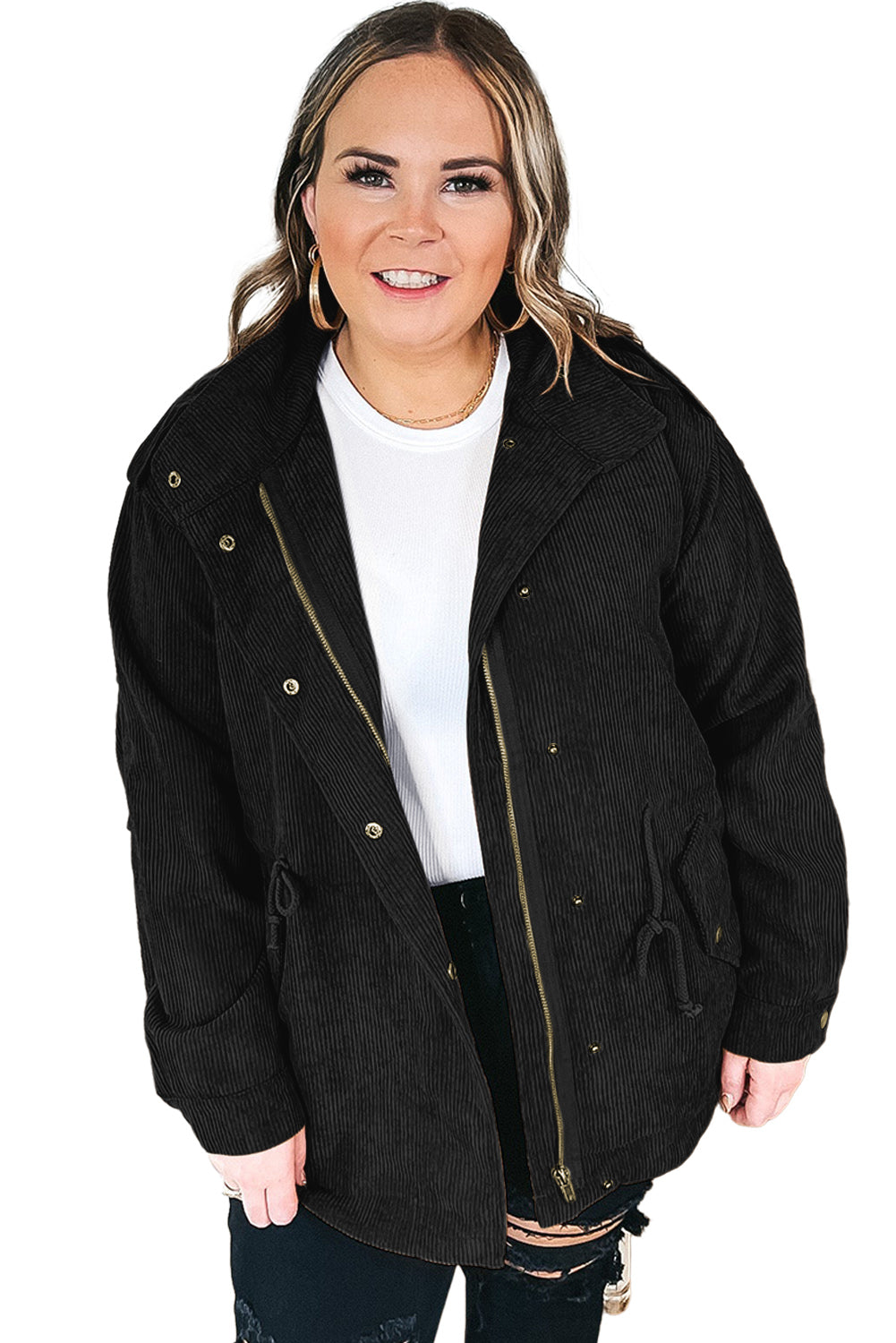 Black plus size corduroy jacket with button and zipper closures, featuring shoulder tabs and flap pockets, designed for curvy women.