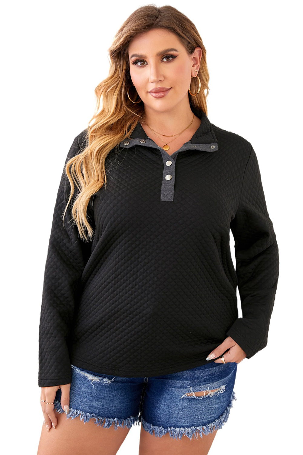 Black Plus Size Quilted Button Up Henley Sweatshirt displayed on a mannequin, showcasing its stylish quilted design and button-up feature.