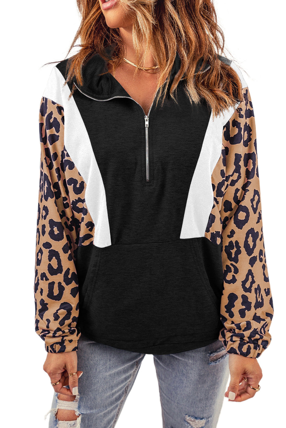 Black Pocketed Half Zip Leopard Pullover Sweatshirt featuring trendy leopard panels and a relaxed fit, perfect for casual wear.