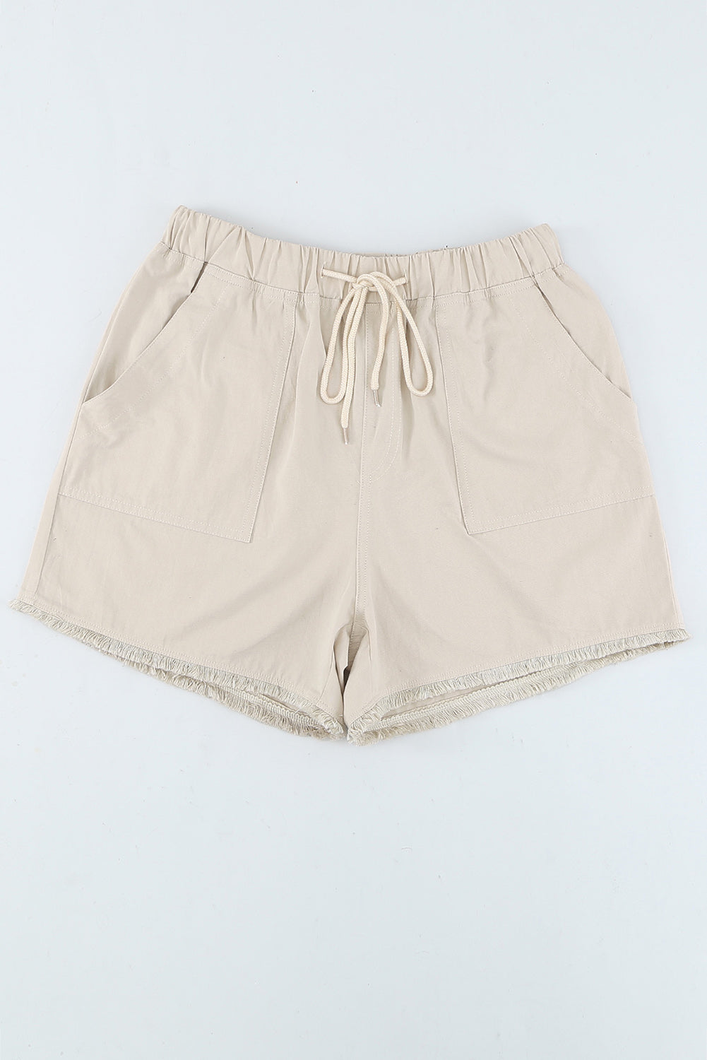 Black casual shorts with raw hem and pockets, featuring a drawstring waist for adjustable fit.