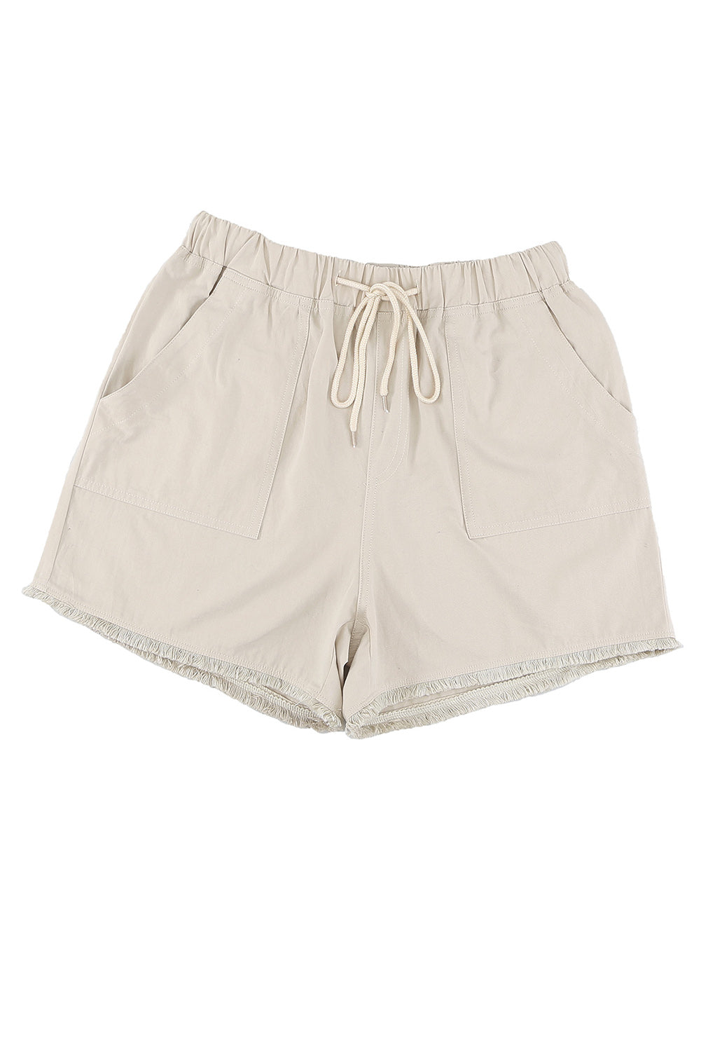 Black casual shorts with raw hem and pockets, featuring a drawstring waist for adjustable fit.