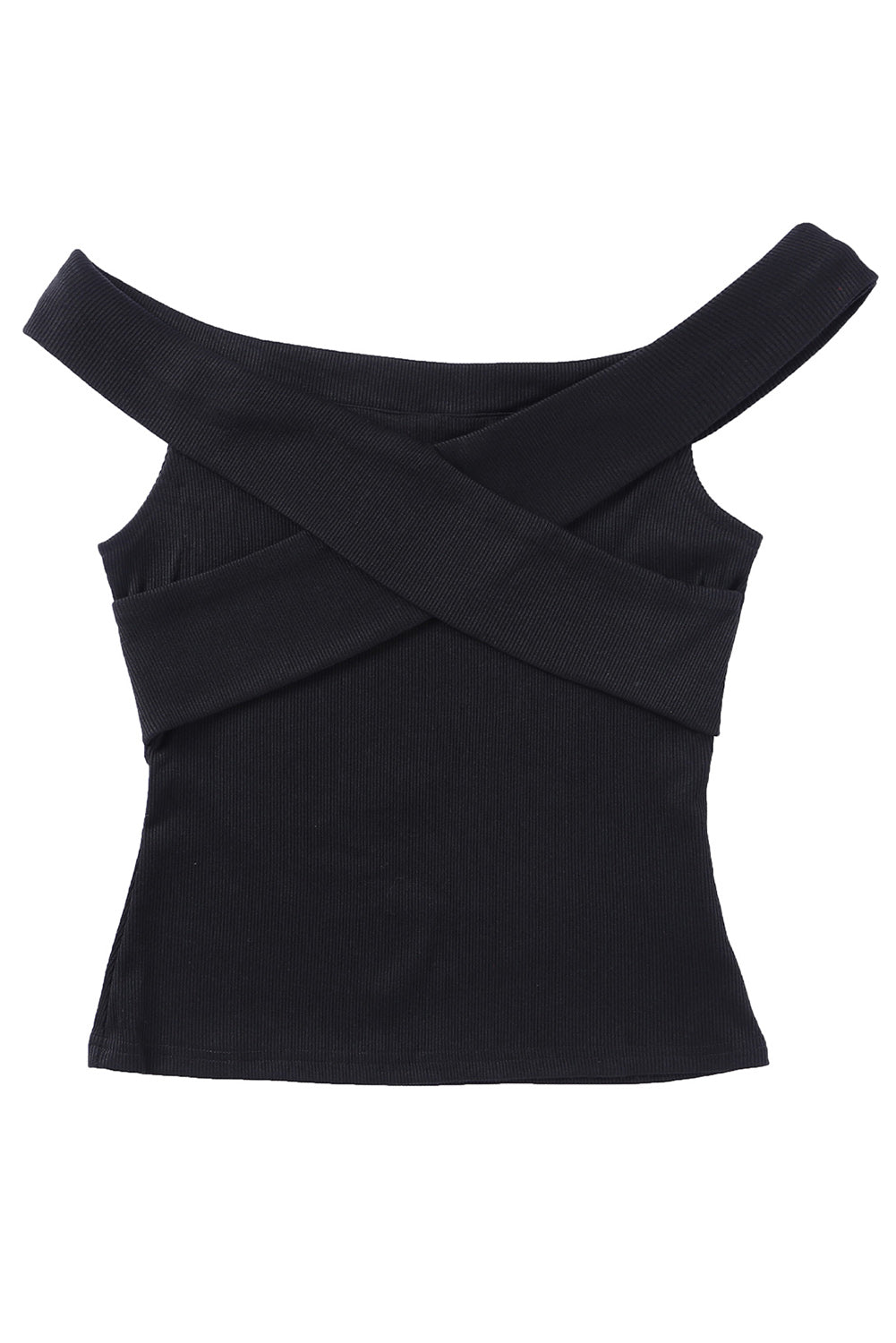 A stylish black ribbed off-shoulder top featuring a criss-cross design, showcasing a flattering slim-fit silhouette.