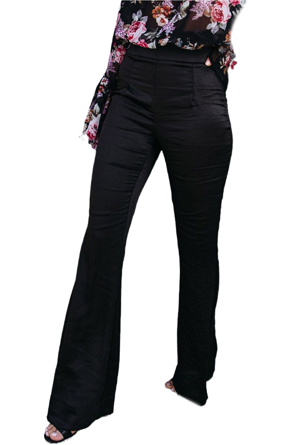 A pair of elegant black satin flare tailored pants with a high waist and pleated details, showcasing a luxurious fabric and stylish silhouette.