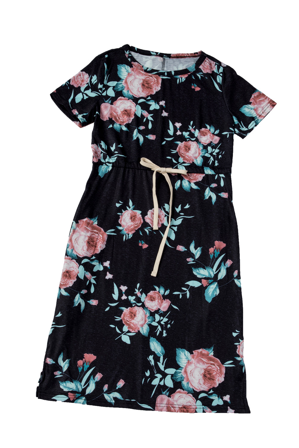 Black short sleeve casual floral dress with pockets and drawstring waist, perfect for summer outings.