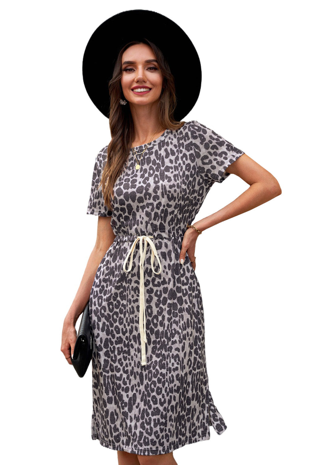 Black short sleeve casual floral dress with pockets and drawstring waist, perfect for summer outings.