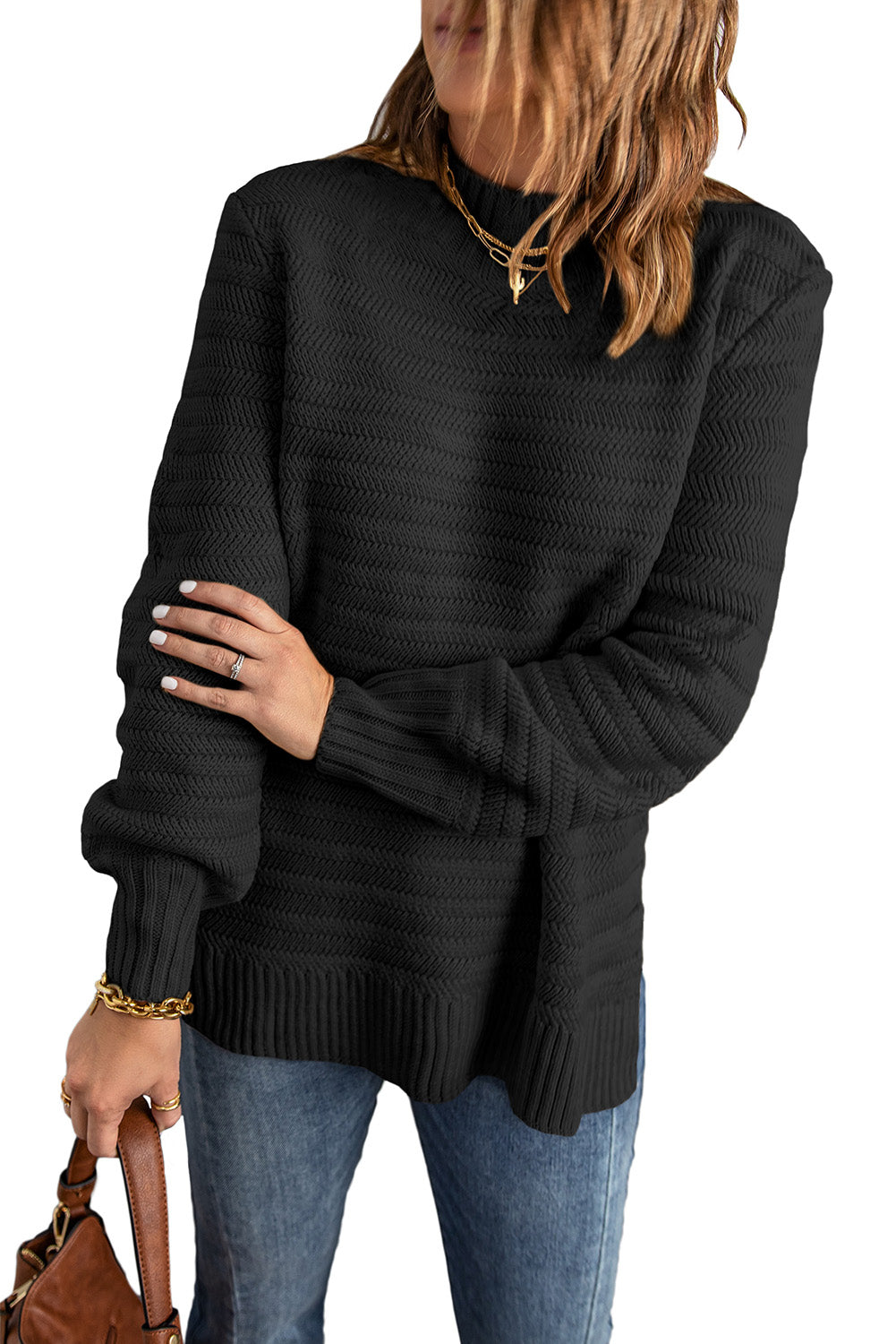 Black solid color sweater with stand collar and textured fabric, featuring long sleeves and a loose fit design.