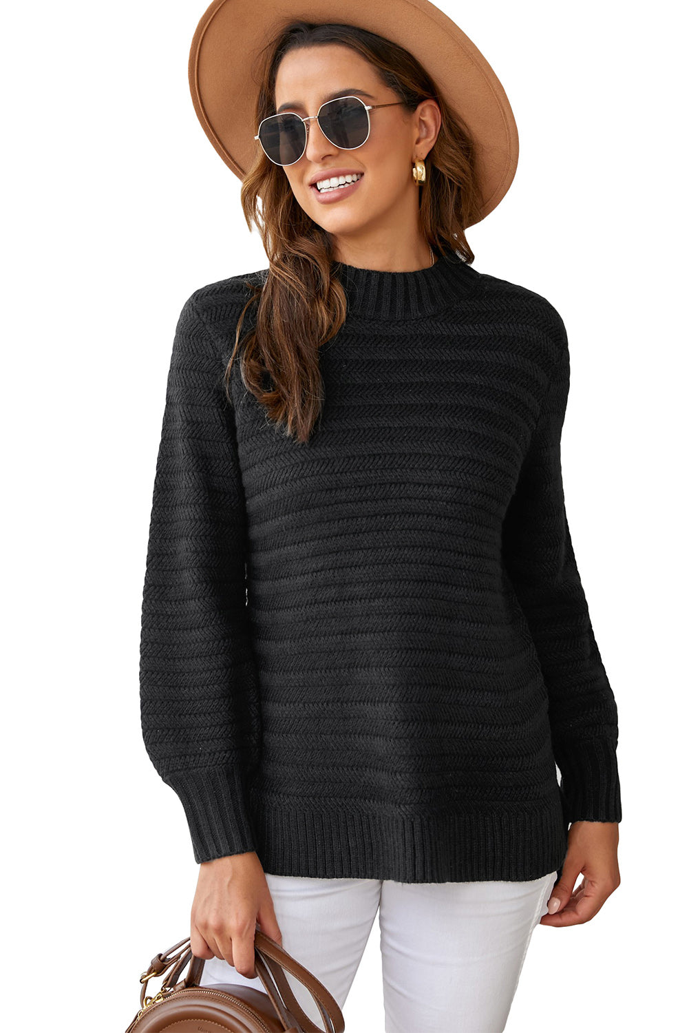 Black solid color sweater with stand collar and textured fabric, featuring long sleeves and a loose fit design.