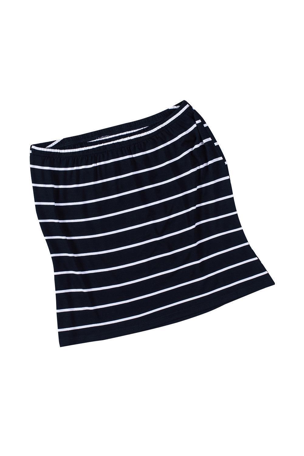 Black Striped Strapless Bandeau Tank showcasing a classic striped pattern, perfect for summer styling.