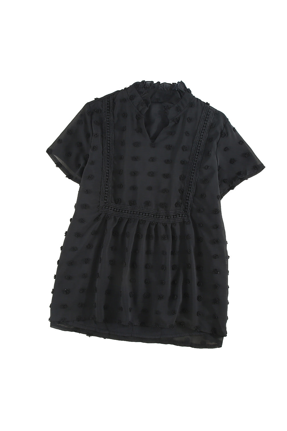 Black Swiss Dot Short Sleeve Flowy Top featuring a chic babydoll style with a soft, sheer fabric and elegant swiss dot texture.