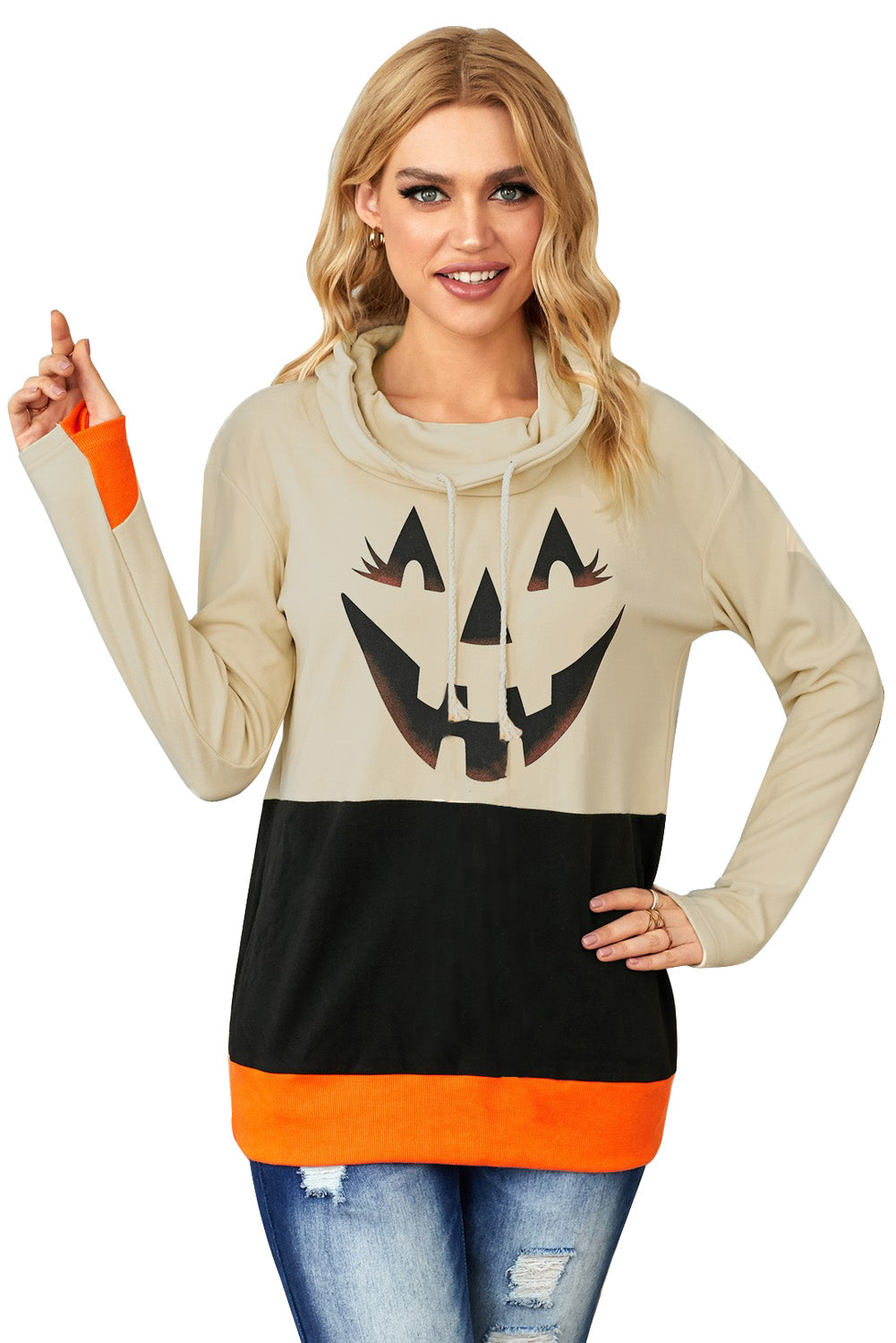 Black turtleneck top with pumpkin print, perfect for Halloween festivities, featuring long sleeves and a trendy color block design.