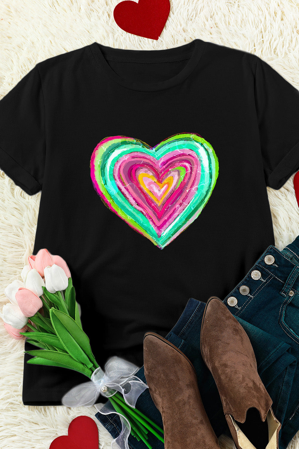 Black crew neck t-shirt featuring a heart-shaped print, perfect for Valentine's Day celebrations.