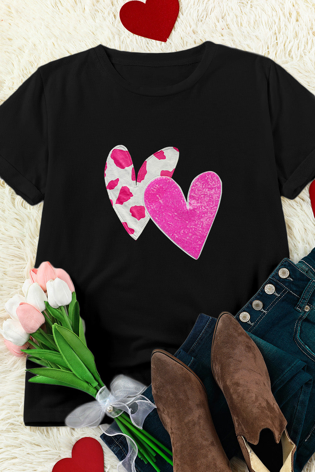 Black Valentines T-shirt featuring double heart design with cow-spots and sequins, perfect for casual wear.