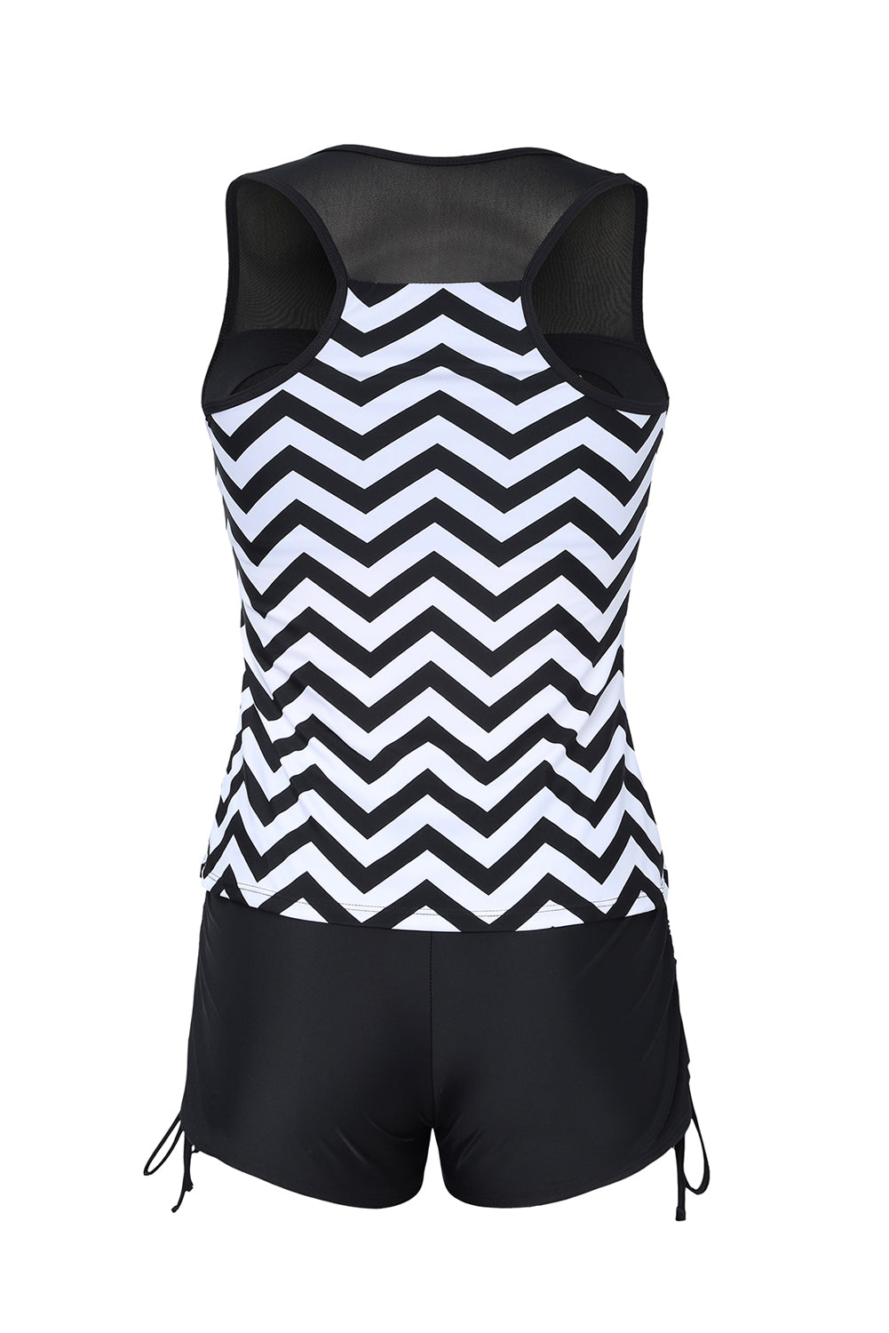 Black and white zigzag print tankini swimsuit featuring a mesh splice design and matching boyshort swim bottom.