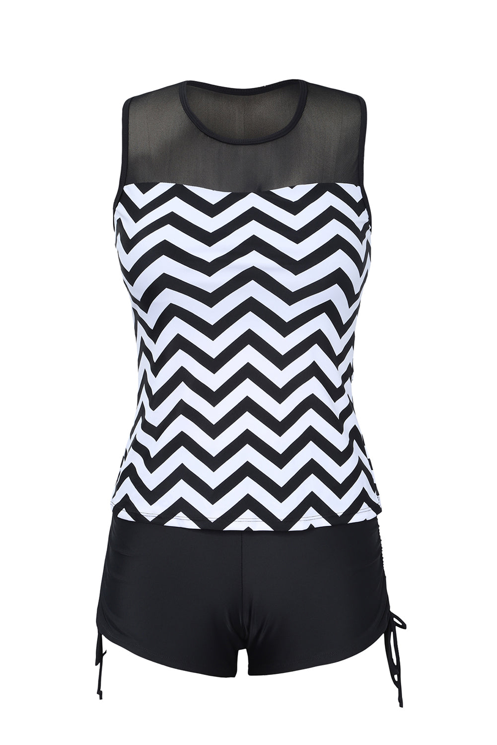 Black and white zigzag print tankini swimsuit featuring a mesh splice design and matching boyshort swim bottom.