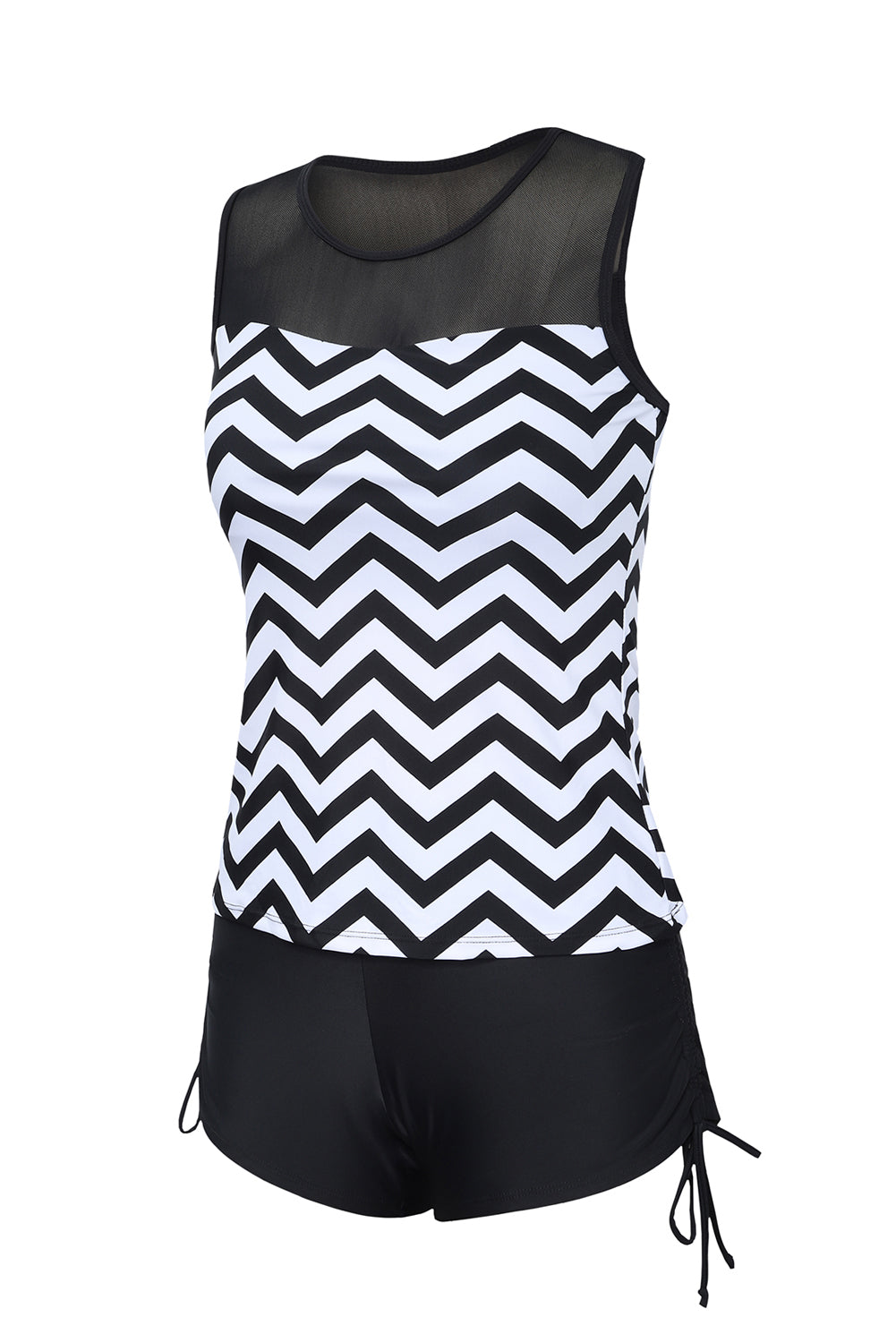 Black and white zigzag print tankini swimsuit featuring a mesh splice design and matching boyshort swim bottom.