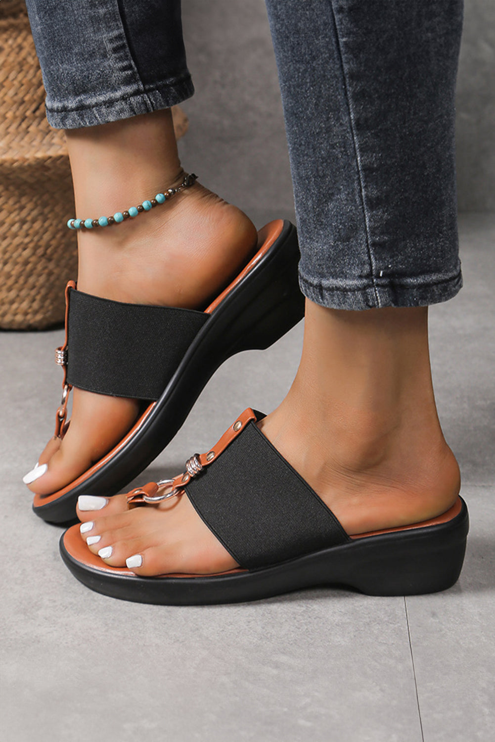 Black wide band clip toe PU leather wedge slippers with stylish design and comfortable fit.