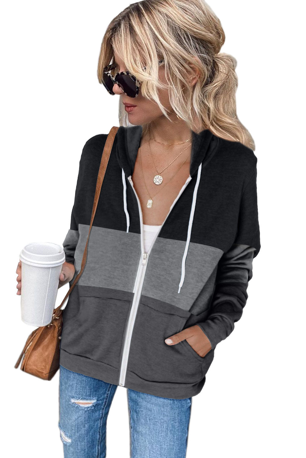 Black zip front hoodie featuring color block splicing and drawstring hood, perfect for casual wear.