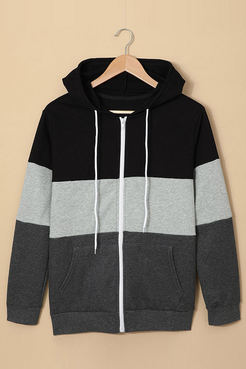 Black zip front hoodie featuring color block splicing and drawstring hood, perfect for casual wear.