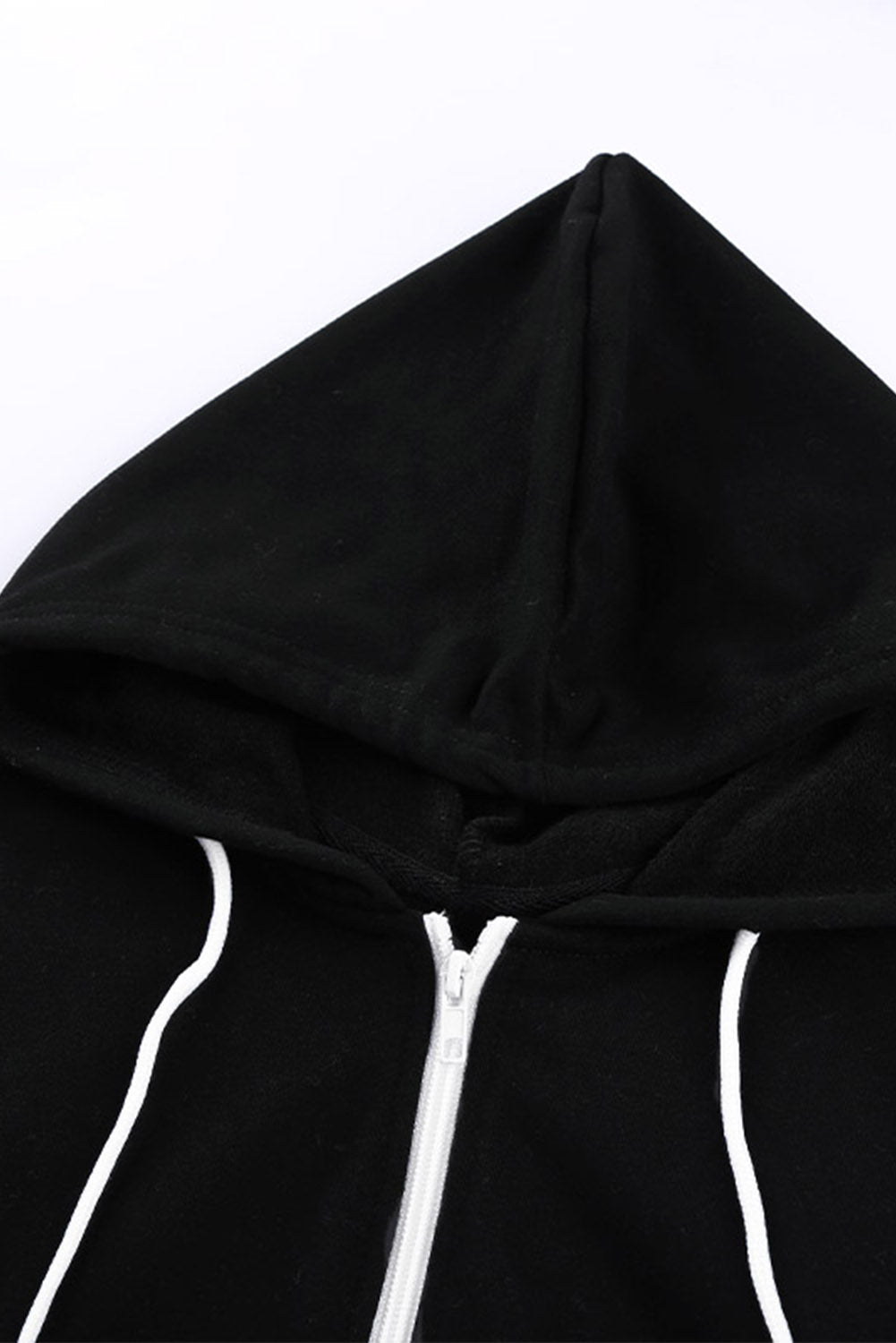 Black zip front hoodie featuring color block splicing and drawstring hood, perfect for casual wear.